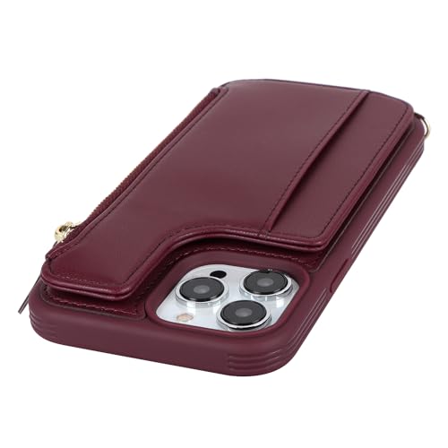 Cavor for iPhone 15 Pro Max Wallet Case with Card Holder Women, Wine red | for iPhone 15 Pro Max Case with Strap,Crossbody and Wristlet Zipper Pocket Phone Cover - color: B-Wine red