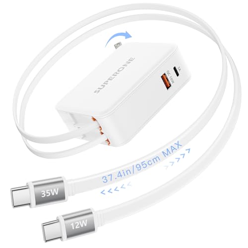 SUPERONE 4 in 1 Retractable Wall Charger Plug with Dual USB C Cables 3.3FT - color: White