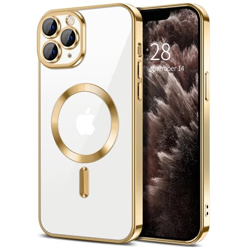 Hython Magnetic Clear for iPhone 11 Pro Max Case with Camera Lens Protector [Compatible with MagSafe] Plating Edge Slim Soft TPU Cover Protective Phone Case for iPhone 11 Pro Max 6.5", Gold - color: Gold, size: Iphone 11 Pro Max - 6.5 Inch