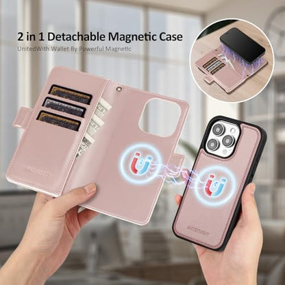 Antsturdy Compatible with MagSafe iPhone 13 Pro Wallet Case,Rose Gold | Detachable Magnetic Credit Card Holder,RFID Blocking,PU Leather Zipper Purse,Wrist Strap Kickstand,Flip Phone Cover for Women - color: (Detachable with Magsafe)-Rose Gold