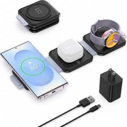 Travel Charger for Samsung Multi Devices, Foldable 3 in 1 Wireless Charging Station Fast Charging Stand/Pad Compatible for Samsung Galaxy S26/S25/S24/S23/Note20 Galaxy Watch8/7/6/Galaxy Buds4(Grey - color: black grey