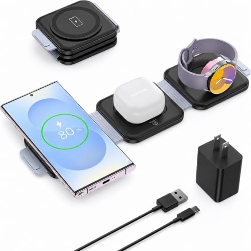 Travel Charger for Samsung Multi Devices, Foldable 3 in 1 Wireless Charging Station Fast Charging Stand/Pad Compatible for Samsung Galaxy S26/S25/S24/S23/Note20 Galaxy Watch8/7/6/Galaxy Buds4(Grey - color: black grey