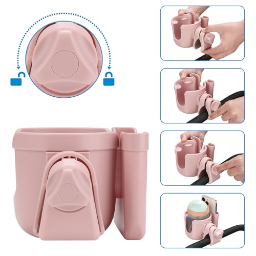 Accmor Stroller Cup Holder with Phone Holder, Bike Cup Holder, Universal Cup Holder for Uppababy Nuna Strollers, 2-in-1 Drinks Holder for Walker, Wheelchair, Scooter - color: All Light Pink