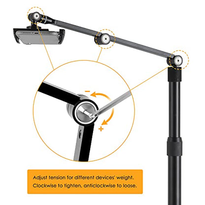 Viozon Tablet Phone Overhead Stand, Height & 360 Degree Angle Adjustable, Aluminum Desktop Stand, Compatible with 3.5-11" Cellphone or Tablet Such as iPhone iPad Pro Air Mini, Samsung, Nexus(AP-4P-B)