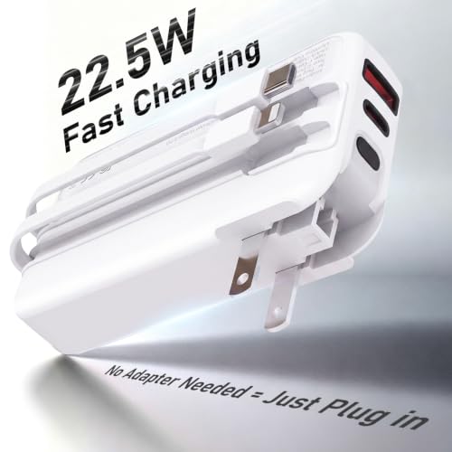 Portable Charger with Built-in Wall Plug, 10000mAh Power Bank with Built-in USB-C and Lightning Cables, 22.5W Fast Charging Battery Pack for iPhone and Samsung and Travel - color: White