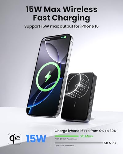 PISEN 3C Wireless Power Bank - 10000mAh Qi2 Wireless Portable Charger 30W 3C Certified Qi2 Power Bank with Stand Airplane Safe Magnetic CCC Travel Portable Charger for iPhone 17/16/15/14/13/12 Series