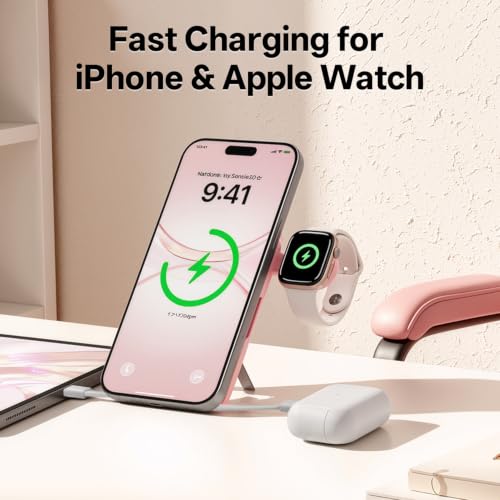Q Magnetic Wireless Portable Charger 10,000mAh, Travel Essentials Power Bank with Built-in Cables & Foldable Stand, External Battery Pack Compatible with iPhone 17/16/15/14/13/12, Apple Watch - color: Pink
