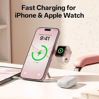 Q Magnetic Wireless Portable Charger 10,000mAh, Travel Essentials Power Bank with Built-in Cables & Foldable Stand, External Battery Pack Compatible with iPhone 17/16/15/14/13/12, Apple Watch - color: Pink