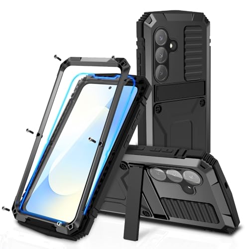 Simicoo for Samsung Galaxy S25 FE Metal Military Heavy Duty Case, Metallic Bumper Shockproof Dustproof Rugged Tough with Stand Screen Protector Camera Control Full Body Drop Protective Cover (Black) - color: Black