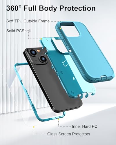 Compatible with iPhone 13& iPhone 14 Case [2 Screen Protectors ] Military Grade Full Body Cover, Heavy Duty Shockproof Drop Proof Protection Case 6.1"(Light Blue) - color: light blue