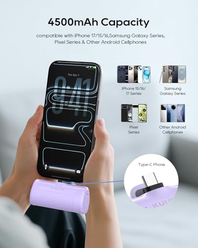 Kuulaa 2 Pack Portable Phone Charger with Built-in USB-C Plug, 4500mAh Mini Portable Charger Power Bank Small Battery Pack for iPhone 15/16/17,Samsung - color: Pack of 2 Purple