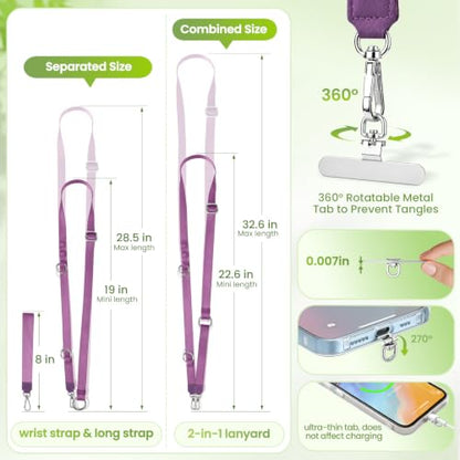 takyu Multifunctional Phone Lanyard, 3 in 1 Cell Phone Detachable Adjustable Crossbody Strap & Neck Lanyard & Wrist Lanyard with 2x Tether Tab for Most Smartphones, Outdoor Travel Essential Purple - color: Purplex1