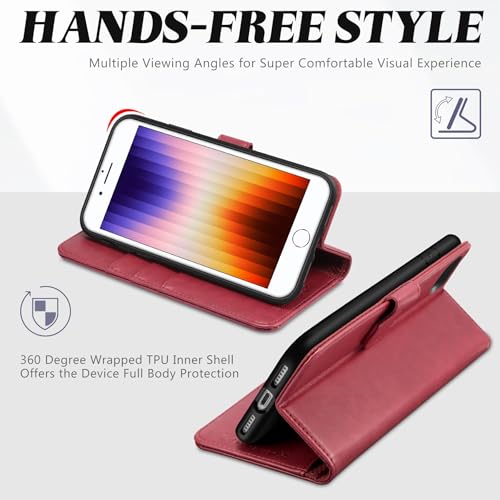 TUCCH Wallet Case for iPhone SE 2022/SE 2020/iPhone 8/7 (4.7"), Dark Red | 3 Card Holders, Kickstand, PU Leather, Shockproof TPU Shell, Magnetic Closure, Protective Folio Cover - color: Dark Red