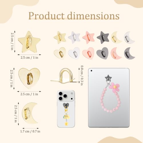 12Pcs Phone Charm Hook | Adhesive Metal Heart Star Moon Finger Rings Holder | Cute Kindle Charms Chain Loop Grip | Heavy Duty Tablet iPad Accessories for DIY Cell Phone Case Backpack Supplies