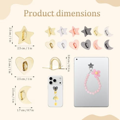 12Pcs Phone Charm Hook | Adhesive Metal Heart Star Moon Finger Rings Holder | Cute Kindle Charms Chain Loop Grip | Heavy Duty Tablet iPad Accessories for DIY Cell Phone Case Backpack Supplies
