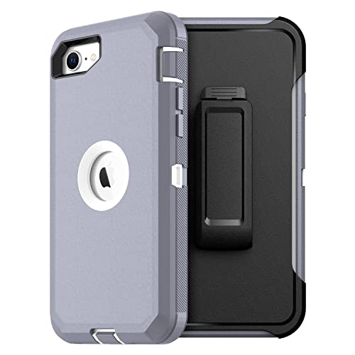 MXX Case Designed for iPhone SE Case 2020 /SE 2022 Heavy Duty Protective with Screen Protector [3 Layers] Rugged Rubber Protection Cover & Rotating 360 Degree Belt Clip SE 3rd/2nd Gen (Gray/White) - color: Gray/White