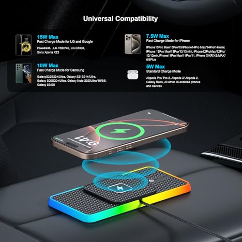 Wireless Charger Car Charging Pad,POLMXS 15W Wireless Phone Charger,RGB Cell Phone Cordless Charging Mat Compatible with iPhone 16/15/14/13/12 Galaxy S23 S22 S21 Note10(k1)