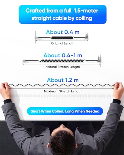 SUNGUY Long Right Angle Coiled USB C Cable 5FT [Stretches from: 1.3-3.3FT] - size: 5FT