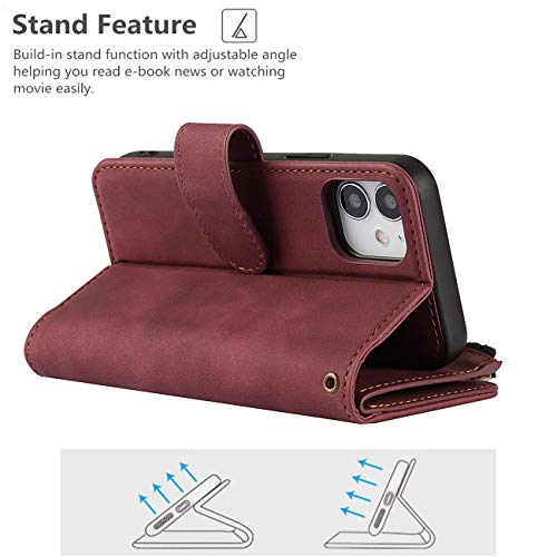 iCoverCase for iPhone 12 Mini Wallet Case with Card Holder and Wrist Strap, PU Leather Kickstand Card Slots Zipper Pocket Magnetic [Detachable] Flip Cover Case 5.4 Inch (Claret) - color: Claret