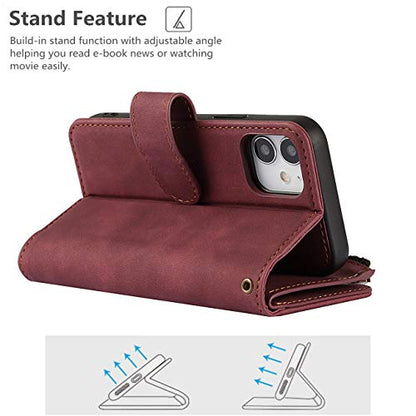 iCoverCase for iPhone 12 Mini Wallet Case with Card Holder and Wrist Strap, PU Leather Kickstand Card Slots Zipper Pocket Magnetic [Detachable] Flip Cover Case 5.4 Inch (Claret) - color: Claret