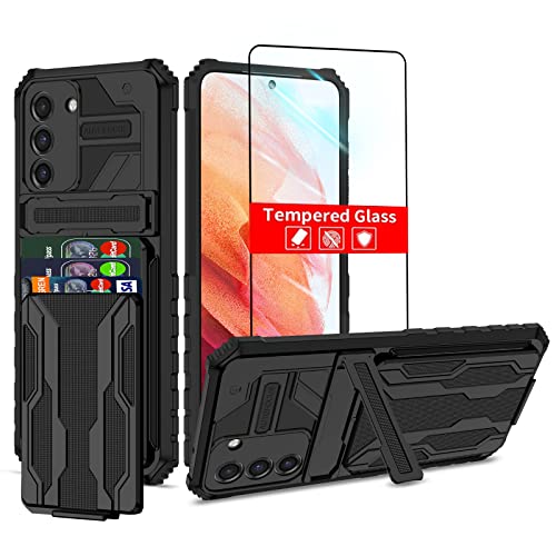 for Samsung Galaxy S21 FE Wallet Case with Card Holder, Black | Detachable Card Holder, Built-in Kickstand, with Screen Protectors, Military Grade, Full Body Shockproof - size: for Galaxy S21 FE - 6.4''