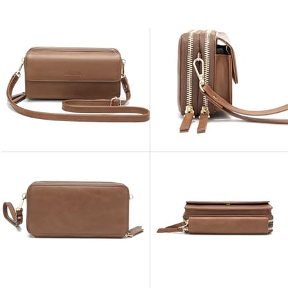 RFID Crossbody Wallet Wristlet Purse with Phone Pocket For Women Vegan Leather - color: B-retro Brown