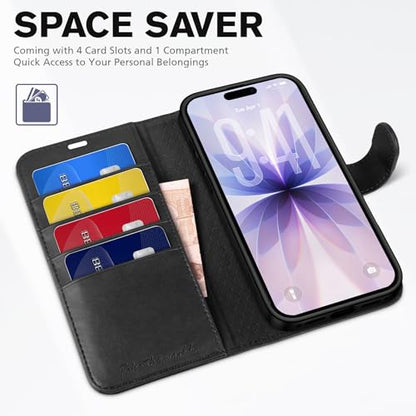 TUCCH Wallet Case for iPhone 17 (6.3") 2025, 4 Card Holders, Black | RFID Blocking, Viewing Stand, Shockproof TPU Shell, PU Leather, Magnetic Closure, Protective Folio Flip Cover - color: Black