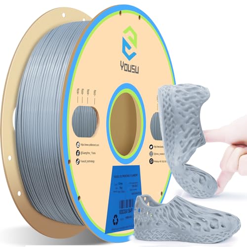 YOUSU TPU Filament 1.75mm, 95A TPU 3D Printer Filament, Soft Elastic & Durable, Easy Print No Stringing, High Strength for Phone Case, Wearables & Functional Parts, Gray,1kg（2.2lbs）. - color: E4-tpu Grey, size: E- TPU