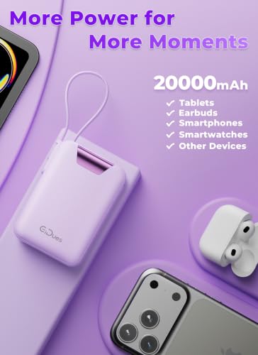 M2 Portable Charger, 20000mAh Power Bank, PD 35W Ultra Fast USB-C Built-in Cable, Compact Cute Mini External Battery Pack for iPhone, Samsung, Android iPad (Purple) - color: Purple