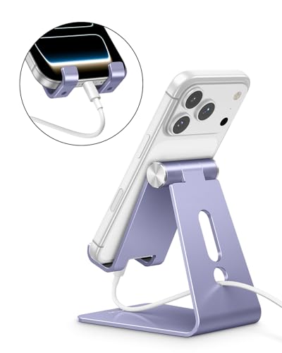 OMOTON Adjustable Cell Phone Stand, C2 Aluminum Desktop Cellphone Stand with Anti-Slip Base and Convenient Charging Port, Fits All Smart Phones, Haze Purple - color: Haze Purple