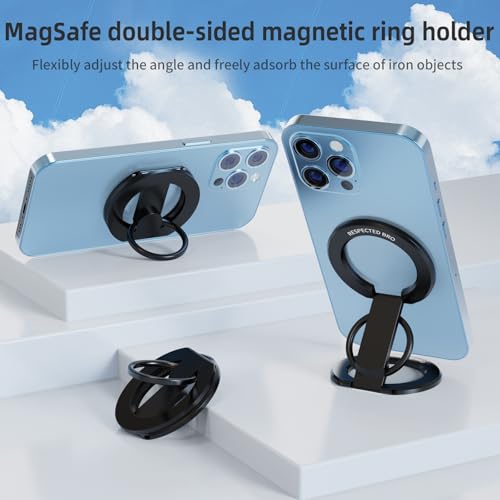 RESPECTED BRO-Magnetic-Phone-Ring-Holder with Dual Rings, Compatible with iPhone 17/16/15/14/13/12, Multifunctional Stand for Desk, Office, Gym, Kitchen & All Metal Surfaces, Finger Loop Grip (Black) - color: Black