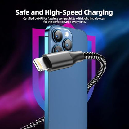 iPhone Charger Cord 10ft 3 Pack MFi Fast Charging Braided Lightning Cable - color: BlackWhite