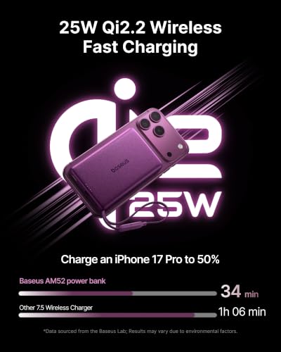 Baseus Picogo AM52 MagSafe Power Bank, Qi2.2 25W 10,000mAh Magnetic Portable Charger, 0.6" Slim Built-in 45W USB-C Cable, Fast Charging Battery Pack for iPhone Duo/18 Pro Max/17/16/15/14/13/12 Only - color: Dark Cherry