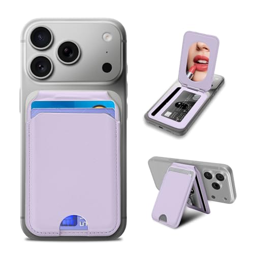 for MagSafe Wallet with Mirror,4 Card Holder RFID Blocking Stand - color: Lavender