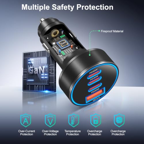 Car Charger USB C,4-Port 98W Super Fast Charging Car Phone Charger Adapter - color: Black
