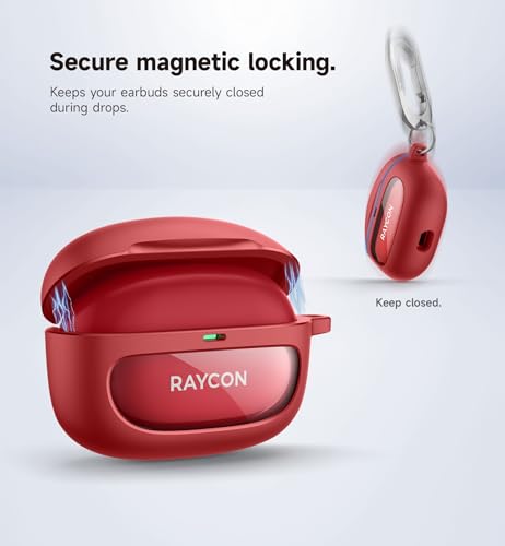 SURITCH Case for Raycon Everyday Earbuds (2024 Edition), Shockproof Magnetic Case for Raycon Bluetooth True Wireless in-Ear Buds Headphones, Protective Cover with Magnetic Lid Lock & Carabiner, Red - color: Red