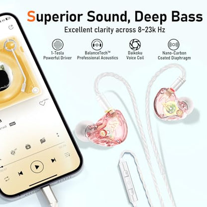 Audiovance Vibes 202ML HiFi Wired Earbuds for iPhone 14/13/12/11/X, Pro Max - color: 4-Pink