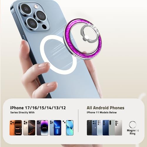 Transparent Shiny Magnetic Phone Ring Holder,360° Rotatable Removable Phone Grip,Clear Purple Sparkle Diamond Stylish Design Compatible with All Phones & Tablets - color: Clear Purple