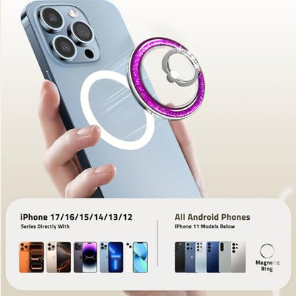 Transparent Shiny Magnetic Phone Ring Holder,360° Rotatable Removable Phone Grip,Clear Purple Sparkle Diamond Stylish Design Compatible with All Phones & Tablets - color: Clear Purple