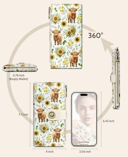 GIANCOMICS Highland Cow Womens Wallet RFID, Cute Credit Card Holder Bifold | Billfold, Cute Cash Purse, Travel Zipper Coin Pocket, Compact Clutch, PU Leather, ID Window, 11 Card Slots, Ladies Gift Woman - color: Highland Crow and Sunflowers