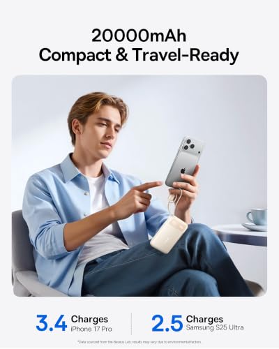 Baseus 20000mAh Compact Portable Charger 45W, CCC Certified Power Bank Built-in USB-C Cables, Travel Essential PD Fast Charging Battery Pack for iPhone 17/16 Series Galaxy S25/S24 Ultra Google iPad - color: Beige