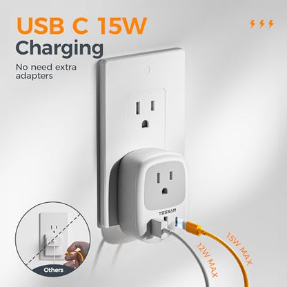 TESSAN Wall Charger Block 3 USB Charging Ports 1 USB C 1 AC Outlet Splitter - color: Grey, size: USB C 15W
