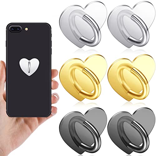Moxweyeni 6 Pcs Cell Phone Ring Holder, Heart Phone Charm Hook Adhesive Smartphone Finger Ring Stand Sticky Metal Loop Grip for Cellphone Case Pad Tablet DIY Accessories