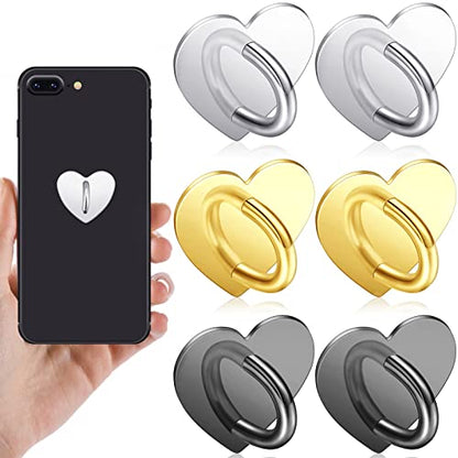 Moxweyeni 6 Pcs Cell Phone Ring Holder, Heart Phone Charm Hook Adhesive Smartphone Finger Ring Stand Sticky Metal Loop Grip for Cellphone Case Pad Tablet DIY Accessories