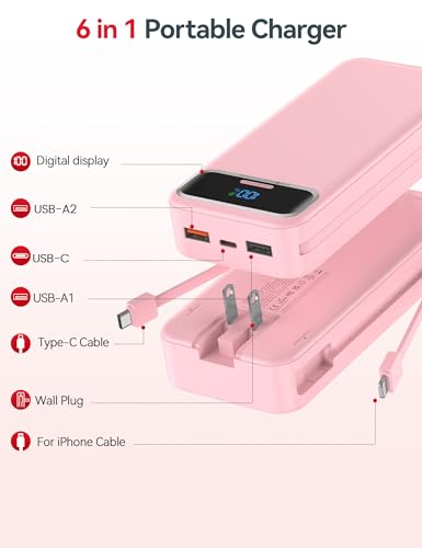 aonidi Portable Charger 20000mAh with Built-in Cables&AC Wall Plug, Pink - color: Light Pink