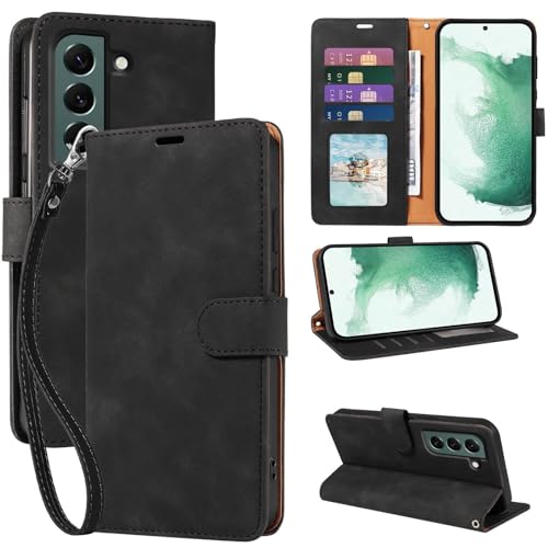 Wallet Case for Galaxy S22, RFID Blocking, 4 Card Slots, Black | For Samsung Galaxy S22 6.1 inch, PU Leather Flip Cover, Protective TPU Shell, Magnetic Closure, Stand, Wrist Strap - color: Black