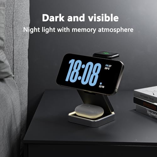 3 in 1 Wireless Charger for iPhone 17 16 15 14 13 12 11 Pro Max Foldable Wireless Charging Station with Night Light for MagSafe Travel Magnetic Charger Stand Fast Charging for AirPods Apple Watch B