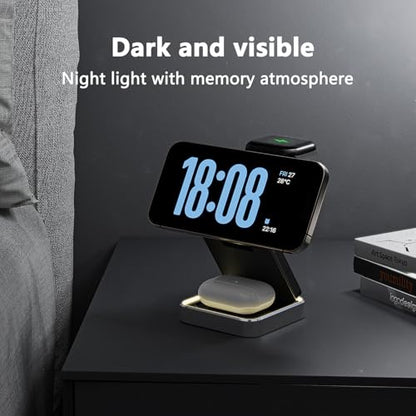3 in 1 Wireless Charger for iPhone 17 16 15 14 13 12 11 Pro Max Foldable Wireless Charging Station with Night Light for MagSafe Travel Magnetic Charger Stand Fast Charging for AirPods Apple Watch B