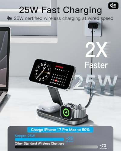 3-in-1 Charging Station for Apple Device, Qi2 25W Certified Magnetic Wireless Fast Charger Stand Compatible with MagSafe for iPhone 18/17/16/15/14/13/12/Air/Duo Series, Apple Watch & AirPods - color: MatteBlack