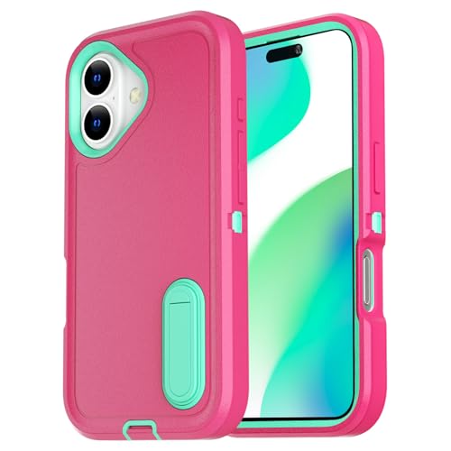 AICase for iPhone 16 Case with Built-in Stand,Tripe Layer Heavy Duty Drop Protection Full Body Rugged Shockproof Military Protective Tough Durable Phone Cover for iphone16 6.1"_2 - color: Hot Pink/Blue with Built-in Stand